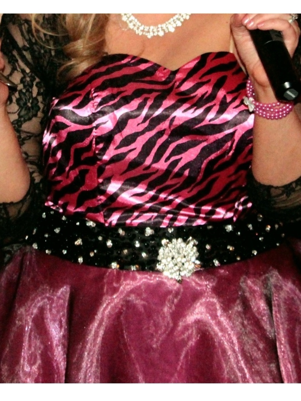 Womens Pink Zebra Print 80z Party Dress with Jewel Waist strapless
